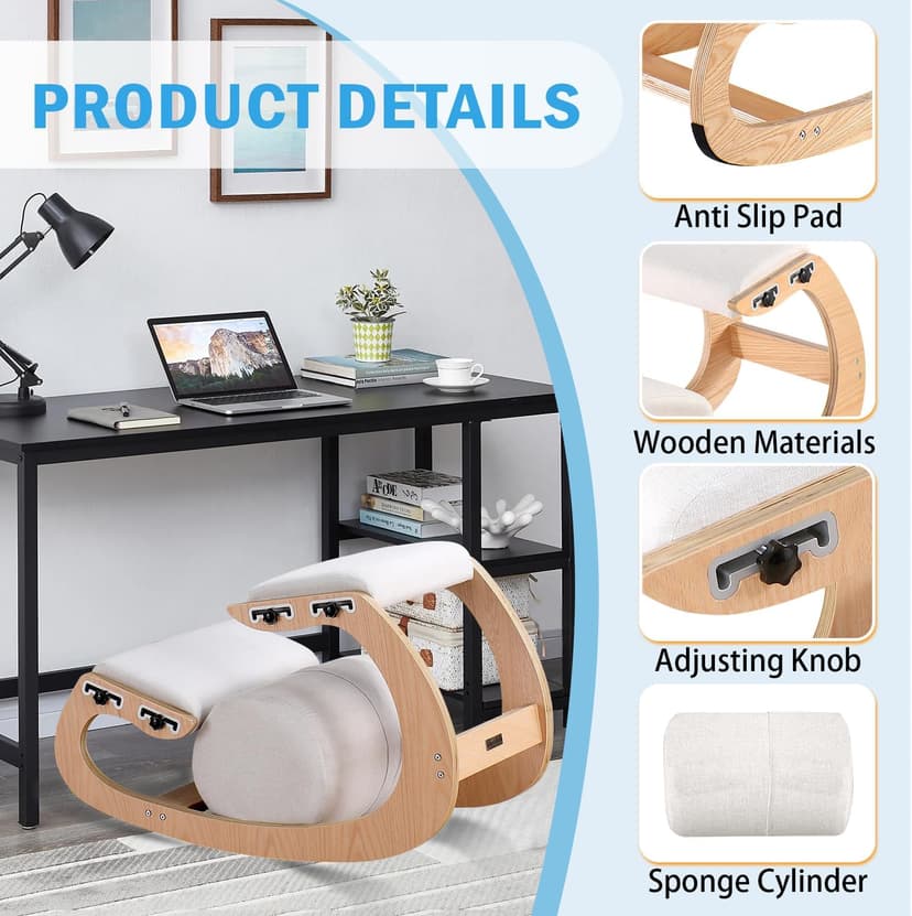 Adjustable Kneeling Chair, Wooden Ergonomic Chair Knee Chair Posture Chair - Improve Your Posture with an Angled Seat for Home,Office (Wood Color+ Pads)