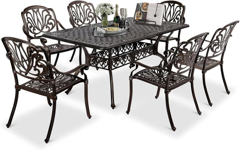 VINGLI 7-Piece Outdoor Dining Set, Cast Aluminum Patio Furniture Set for 6 with Umbrella Hole, Rectangular Outdoor Dining Table & 6 Stackable Chairs, All-Weather Garden/Poolside Dining Set Bronze