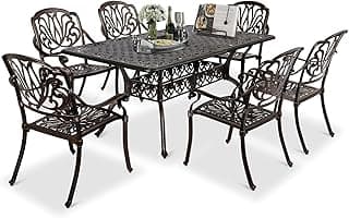 VINGLI 7-Piece Outdoor Dining Set, Cast Aluminum Patio Furniture Set for 6 with Umbrella Hole, Rectangular Outdoor Dining Table & 6 Stackable Chairs, All-Weather Garden/Poolside Dining Set Bronze