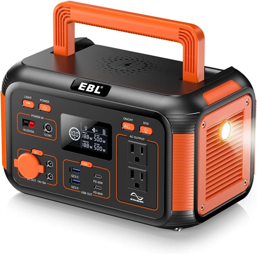 EBL Portable Power Station 500W, 444Wh Backup Lithium Battery, 500W Solar Generator For Outdoors Camping Travel Home Emergency Use (Solar Panel Optional)