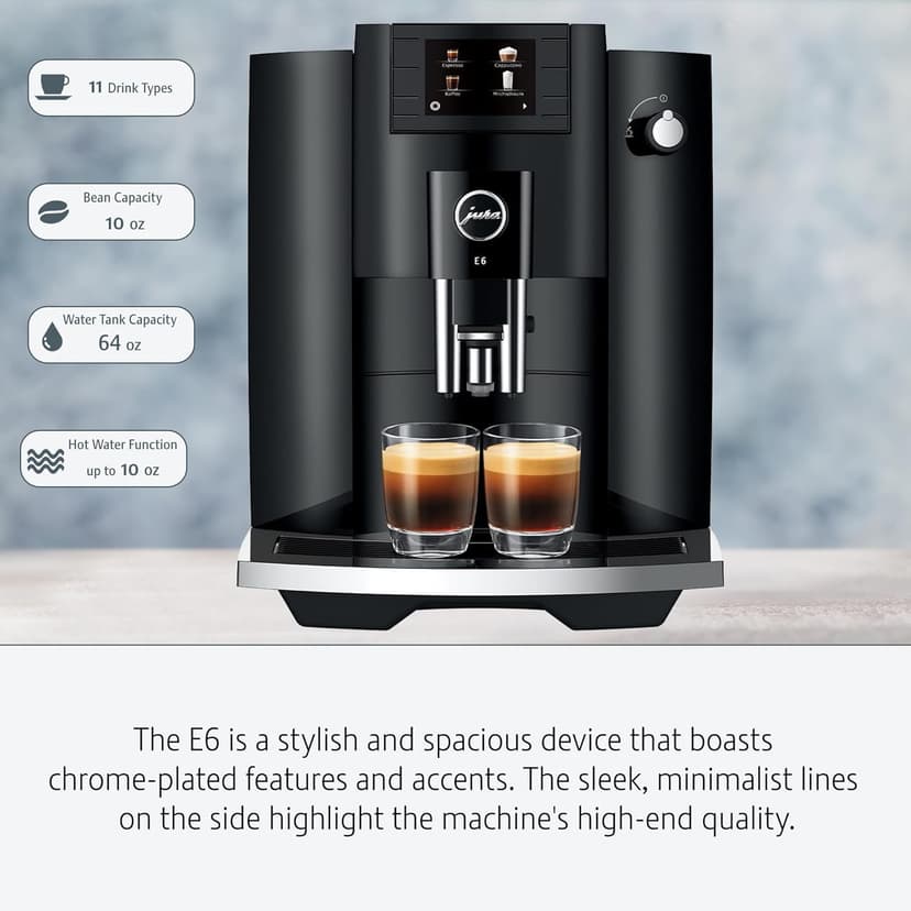 Jura 15622 E6 Automatic, Cost-Efficient Espresso Machine with Easy Cappuccino Function (Piano Black) Bundle with Milk Container, Cleaning Tablets, Filter Cartridge, and Milk System Cleaner (5 Items)