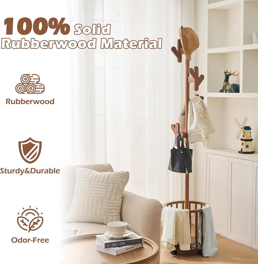 CozyDH Solid Wood Coat Rack Freestanding with Lockable 360° Rotary Casters, Coat Tree Stand with Umbrella Holder & Laundry Basket Storage & 12 Hooks, Walnut