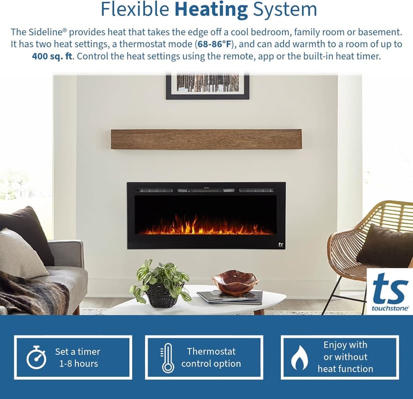 Touchstone Smart Electric Fireplace-The Forte 40" Recessed Mounted-30 Realistic Ember Color/Flame Options-1,500W Heater w/Thermostat-Black-Log & Crystal Hearth Options-Alexa/WiFi Enabled