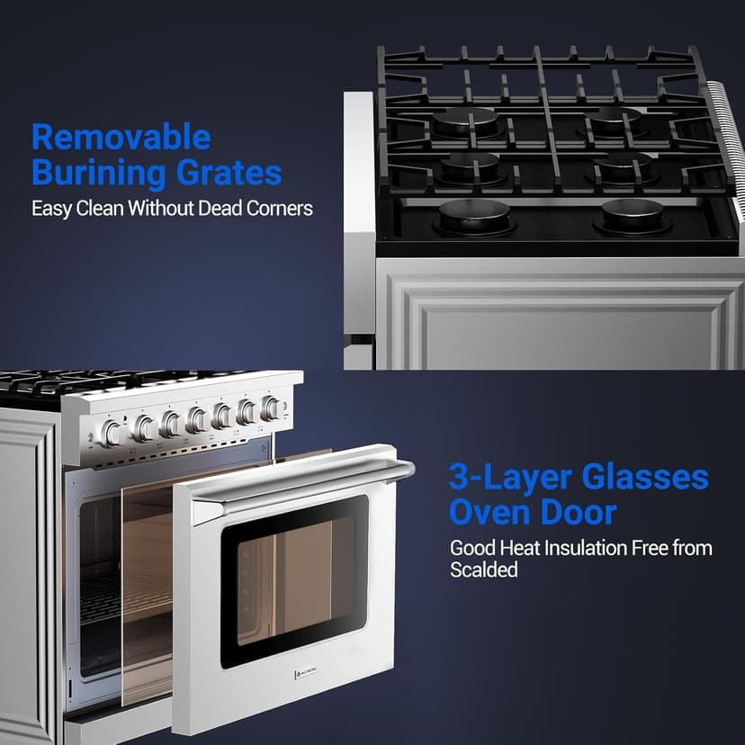 AAOBOSI 36 Inch Front Control Gas Range Oven with 6 Cooktop Burners, 6 Cu. Ft True Convection and Self Clean, Freestanding Stainless Steel Heavy Duty Gas Range Stove with Halogen Light,Large Capacity