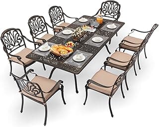 9-Piece Cast Aluminum Patio Furniture, Outdoor Dining Sets for 8 Include 87" Rectangular Patio Dining Table and 8 Stackable Chairs with Cushions & Umbrella Hole (Bronze)