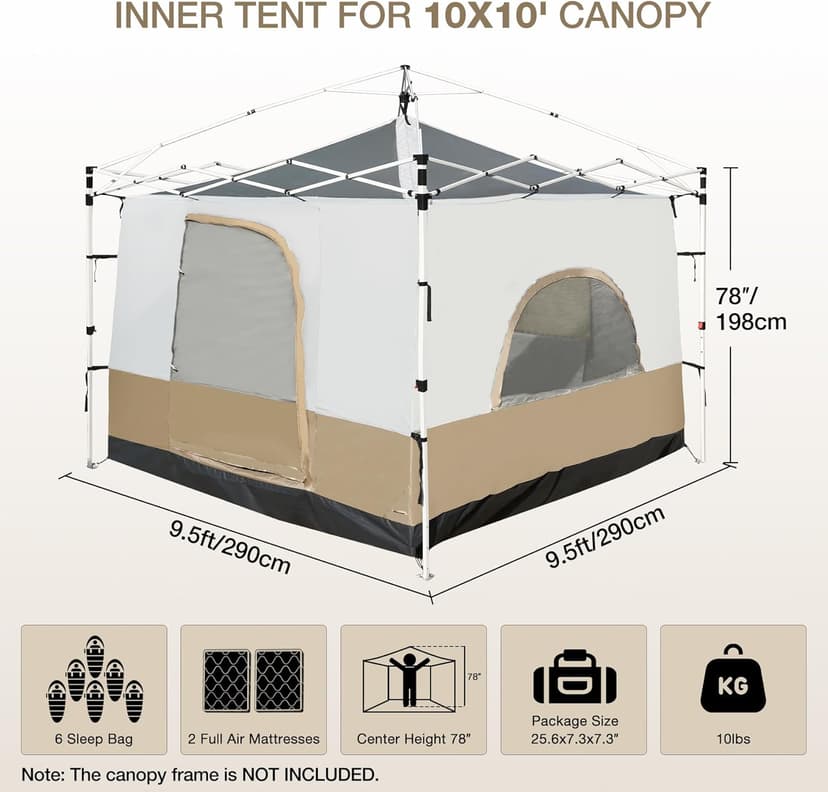 REDCAMP Canopy Camping Tent for Pop Up Canopy Tent, Inner Tent Converts Straight Leg 10'x10' or 10'x20' Canopy into Camping Tent, Fits 4-6 Person(Frame/Shelter NOT Included)