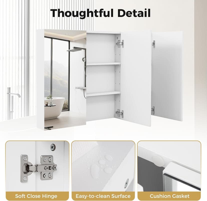 GOFLAME Medicine Cabinet with Mirror, Frameless Bathroom Wall Mounted Mirror Cabinet with 3 Doors and Adjustable Shelves, Bathroom Mirror with Storage, Recess or Surface Mount Installation