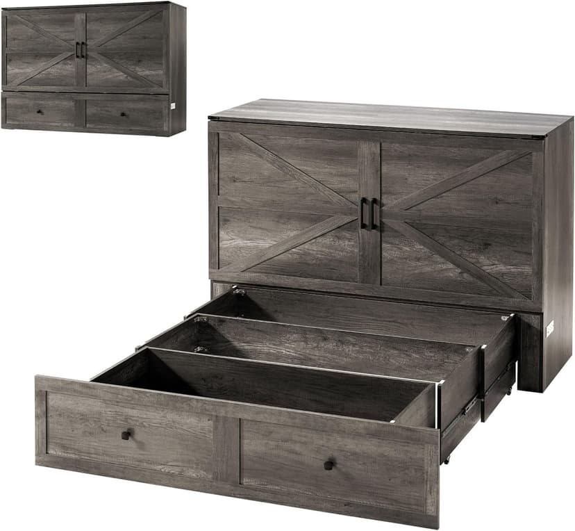 AMERLIFE Queen Murphy Bed with Storage & Charging Station, Farmhouse Murphy Cabinet with Foldable Panel, Noisy Free, for Living Room, Guest Bedroom, Office, Rustic Gray