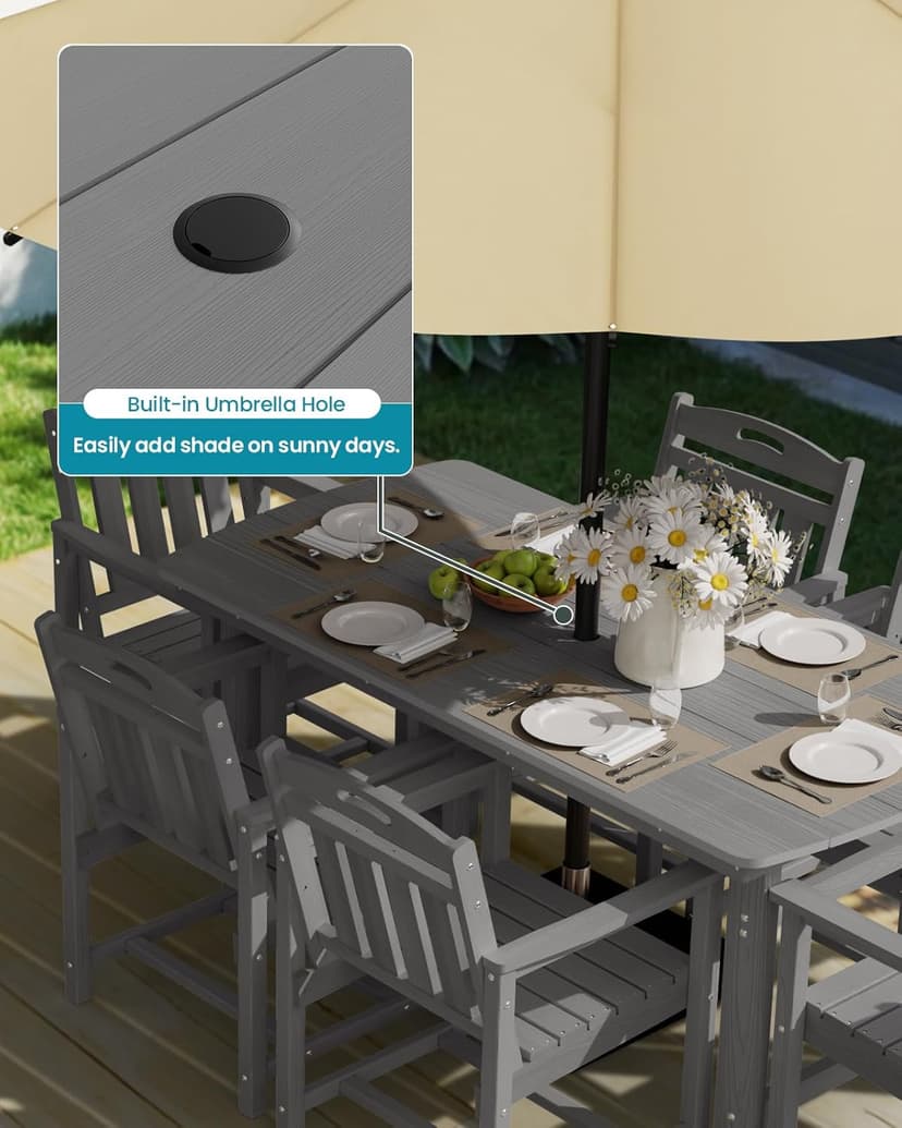 HDPE Outdoor Dining Set 7-Piece Patio Table and Chairs with Umbrella Hole, All-Weather Patio Dining Set for 6, Durable Patio Furniture Set for Backyard, Garden, Lawn & Poolside, Grey