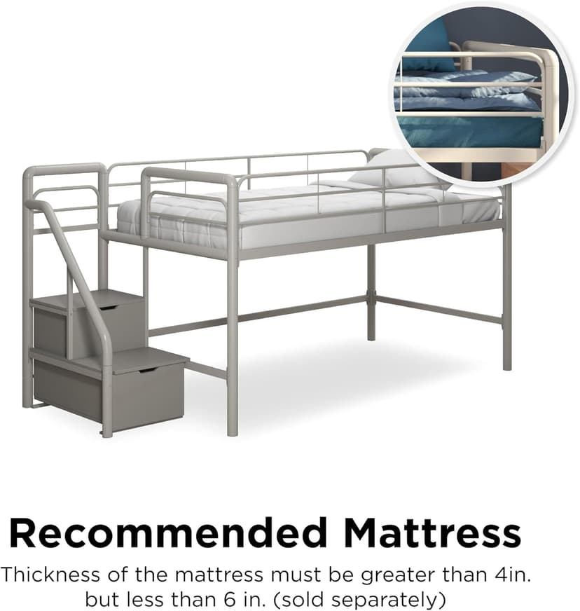 DHP Junior Twin Metal Loft Bed with Storage Steps, Multifunctional Space-Saving Solution - Silver with Gray Steps