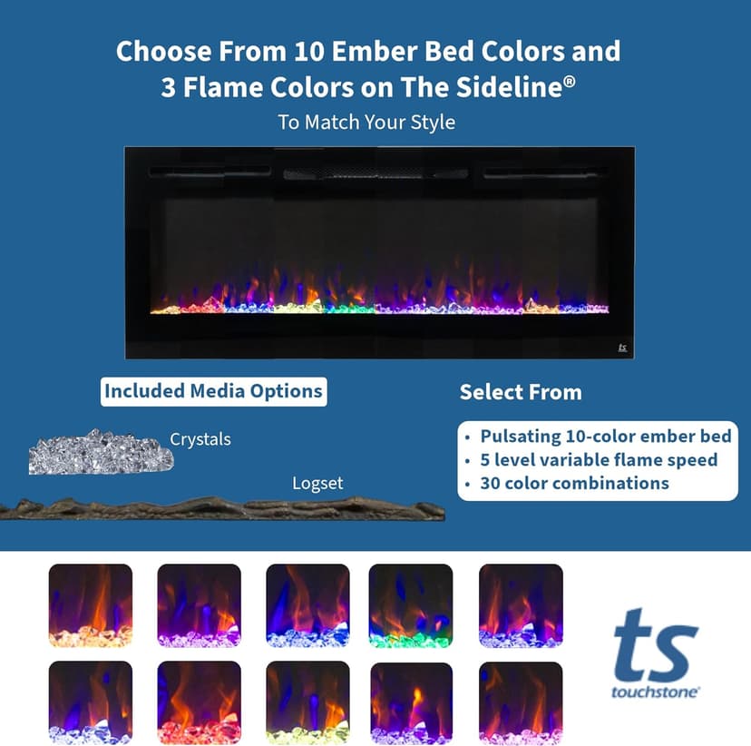 Touchstone Smart Electric Fireplace-The Forte 40" Recessed Mounted-30 Realistic Ember Color/Flame Options-1,500W Heater w/Thermostat-Black-Log & Crystal Hearth Options-Alexa/WiFi Enabled
