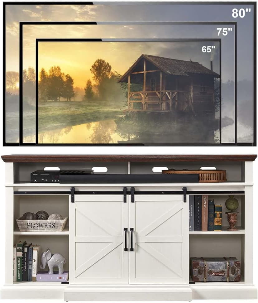 Farmhouse TV Stand for 80 Inch TVs, 38" Tall Entertainment Center w/Storage Cabinets and Sliding Barn Door, Media Console Cabinet w/Soundbar & Adjustable Shelves for Living Room, 69inch (White)