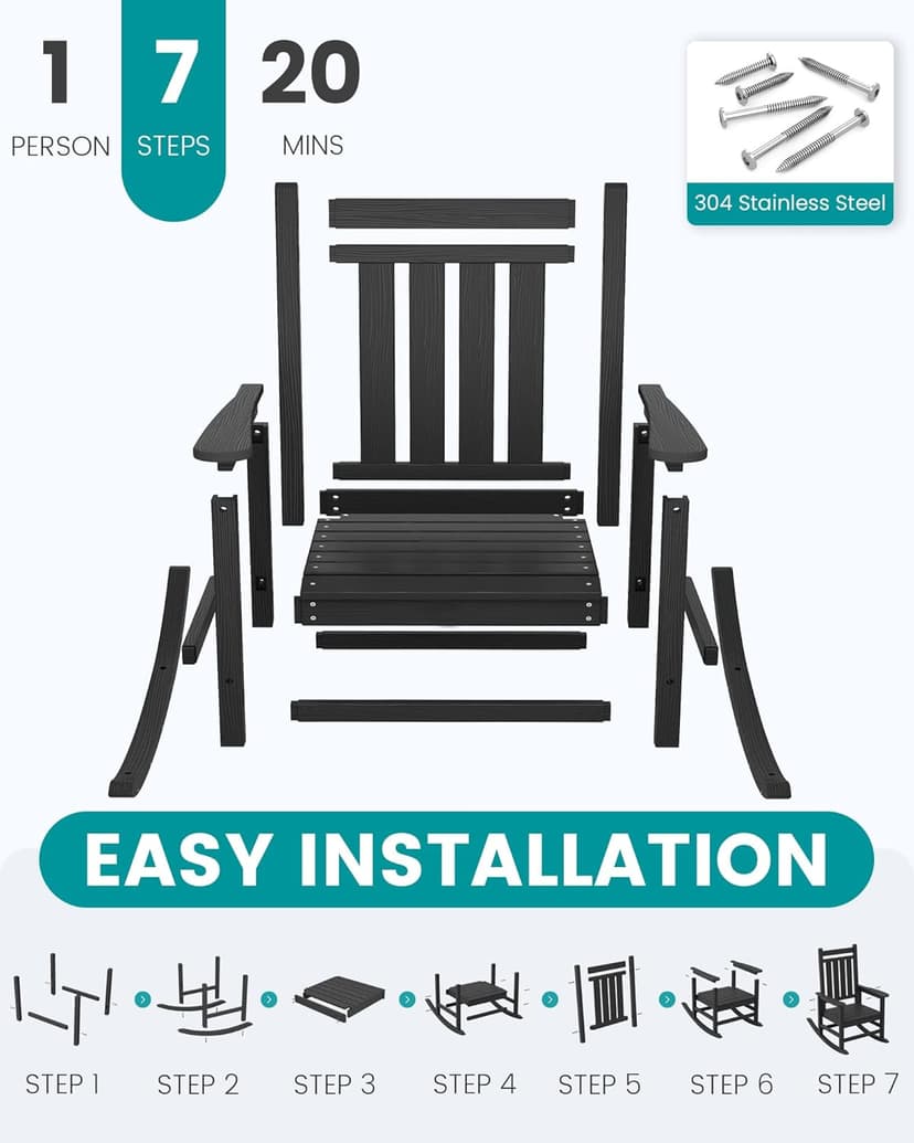 SERWALL Oversized Outdoor Rocking Chair Set of 2, HDPE Rocker for Adults, Patio Rocking Chairs for Porch, Black