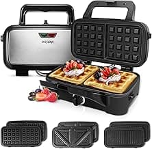 Waffle Makers, 3-in-1 Waffle Iron Panini Press Sandwich Maker with Removable Plates, 5-gears Temperature Control Non Stick Coating Cool Touch Handle Anti-skid Feet for Breakfast 1200W 120V