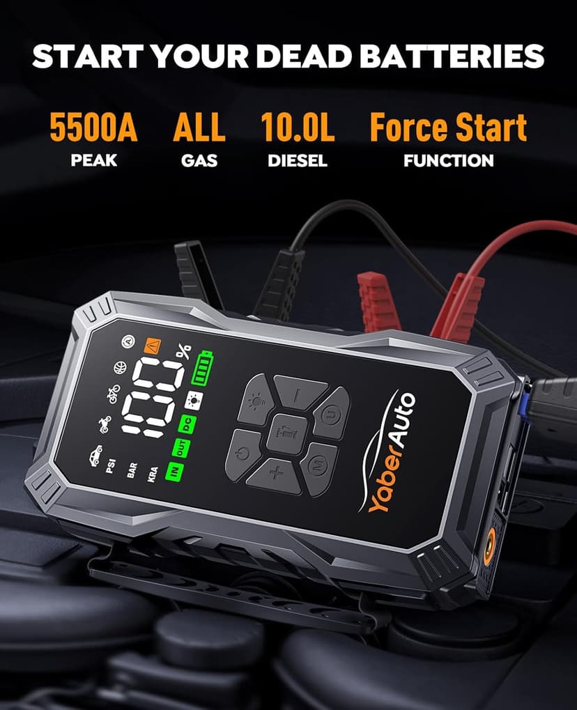 YaberAuto 9-in-1 Jump Starter with Air Compressor 5500A 150PSI Portable Car Battery Jump Starter (All Gas/10L Diesel), Jump Box Car Battery Jumper Starter Portable Jumper Cables, 150W DC, Lights