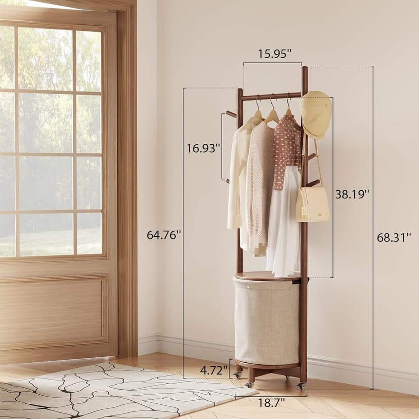 Solid Wood Coat Rack with Fabric Basket - Coat Hanger Stand Coat Tree Rack Freestanding with 9 Hooks Wheels, Small Clothes Rack For Entryway Bedroom Hallway Living Room