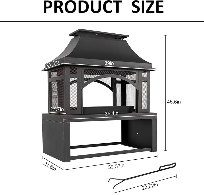 39" Fire Pits with Wood Storage for Outside, Large Wood Burning Outdoor Fireplace with Chimney, Mesh Spark Screen & Fire Poker, Idea for Backyard, Patio, Party, Camping, Picnic