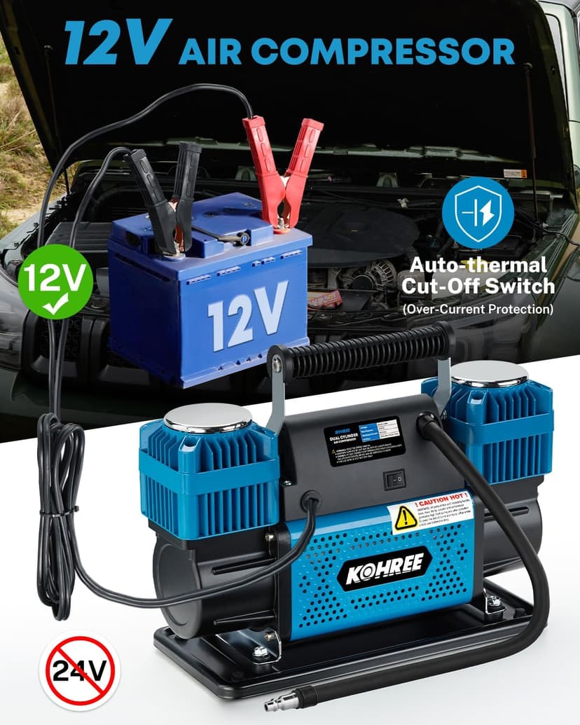 Kohree 12V Dual Cylinder Air Compressor, 12.35 ft³/Min Fast Tire Inflator, Portable Heavy Duty Tire Pump with Max 150 PSI for Offroad Truck, RV, 4x4 Vehicles