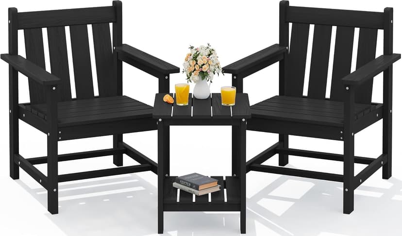 SERWALL 3 Pieces Patio Bistro Set, All Weather Adirondack Chair Set with Side Table, HDPE Material Outdoor Patio Furniture Set for Balcony, Porch, Garden, Backyard- Black