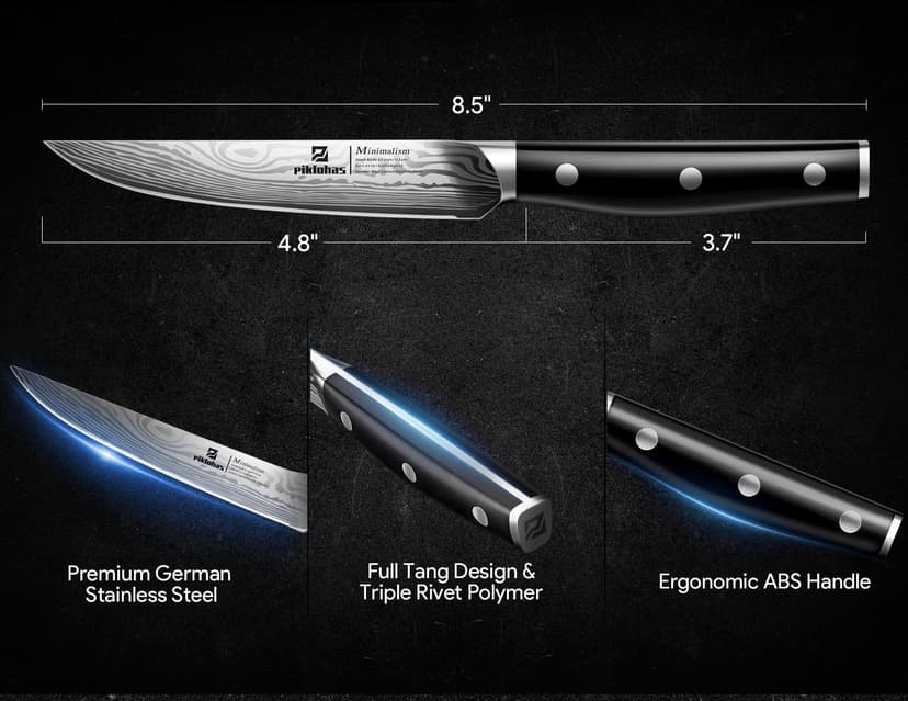 Steak Knives Set of 8 with Drawer Organizer Built-in Sharpener, 4.6 Inch Non Serrated Dinner Knife, Forged German Steel Damascus Pattern Straight Edge Meat Knife with Full Tang Handle, Black