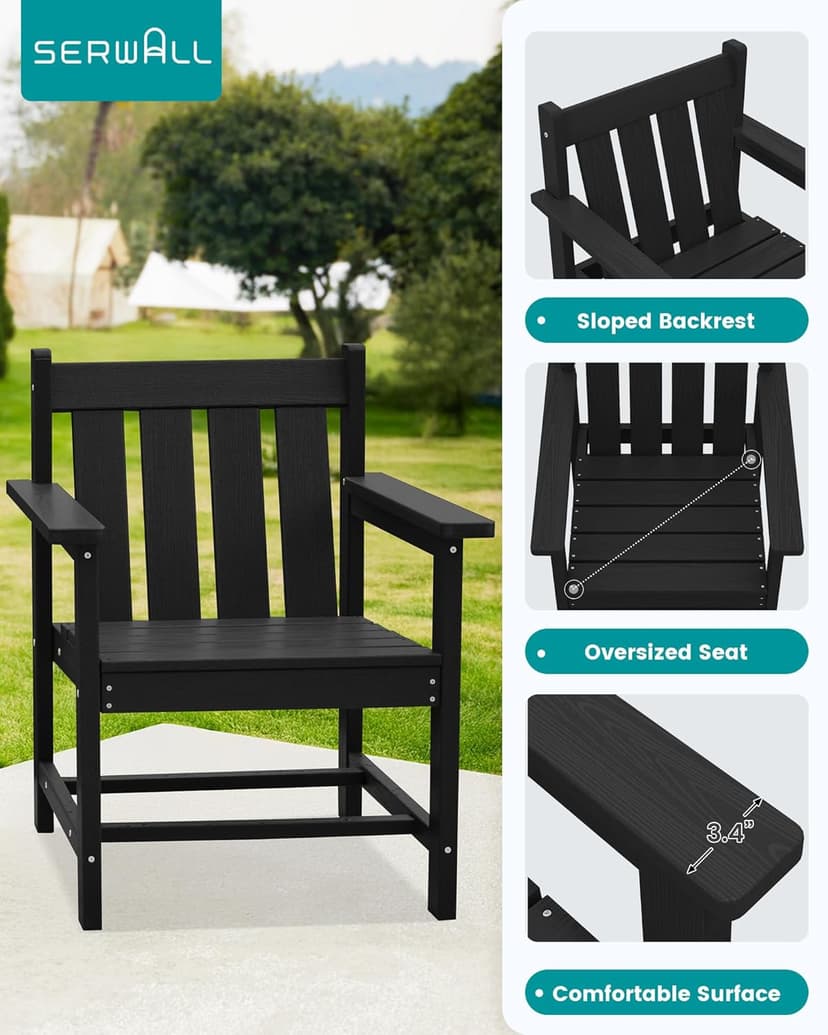 SERWALL 3 Pieces Patio Bistro Set, All Weather Adirondack Chair Set with Side Table, HDPE Material Outdoor Patio Furniture Set for Balcony, Porch, Garden, Backyard- Black