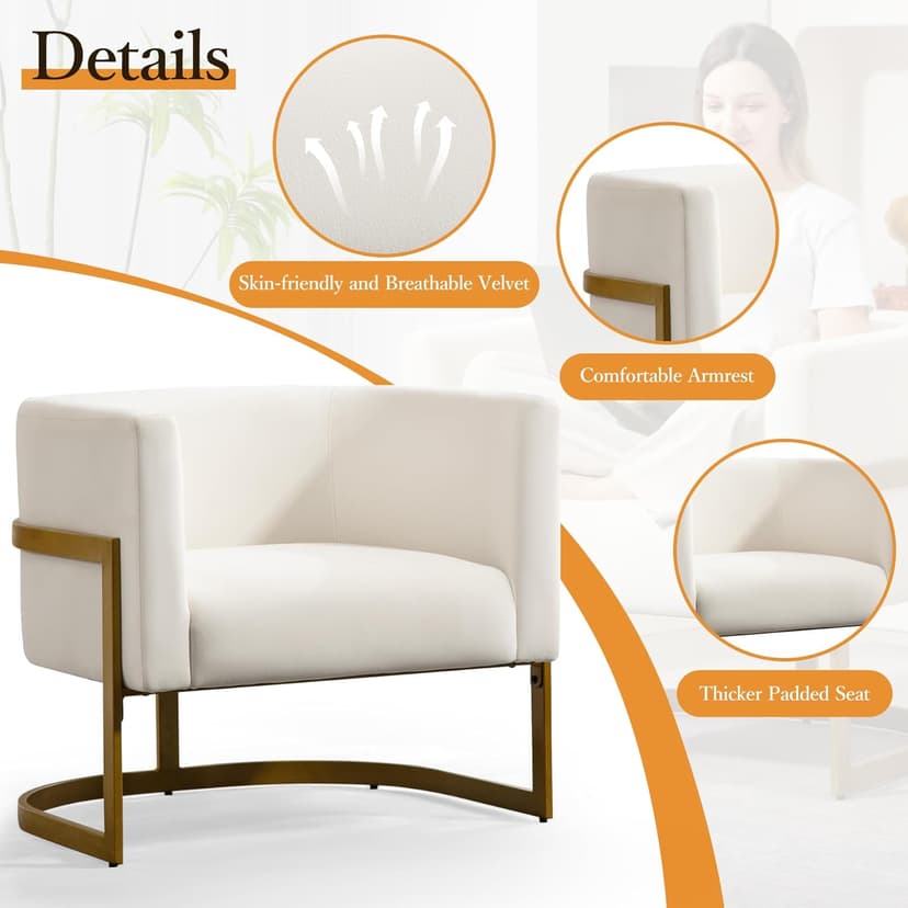 Modern Off-White Accent Chair, Velvet Barrel Chair Padded Seat, Upholstered Comfy Armchair for Reading/Living Room/Bedroom/Club Side Chairs with Luxury Gold Frame