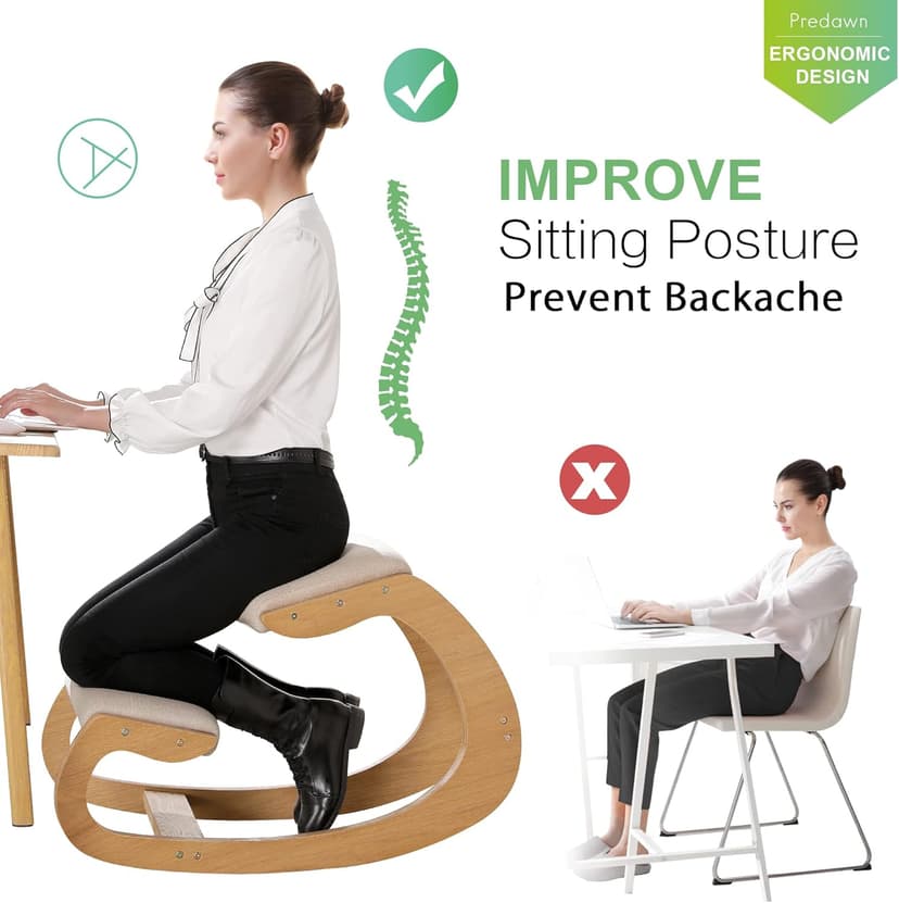 Predawn Ergonomic Kneeling Chair, Rocking Chair Stool, Knee Chair, Posture Chair for Home Office Meditation Wooden & Linen Cushion-Office Desk Chair for Back Neck Pain Relief & Improving (White Oak)