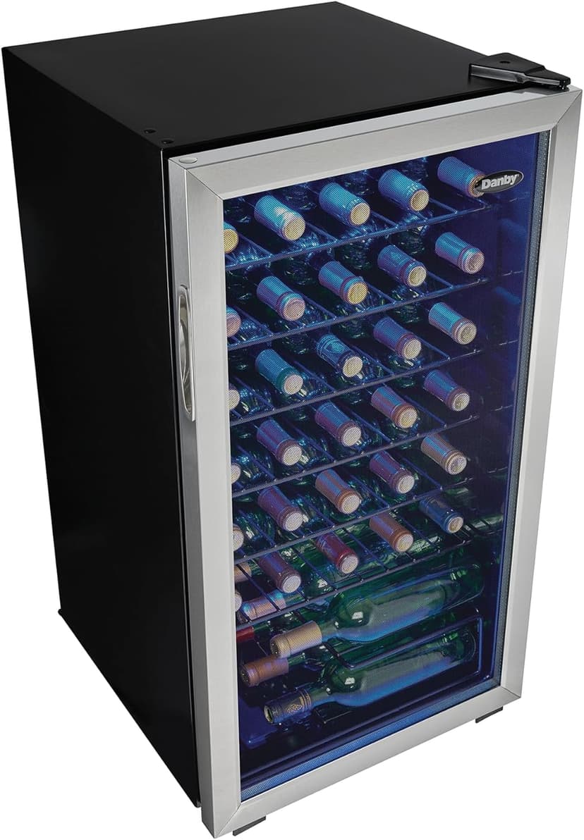 Danby DWC036A1BSSDB-6 3.3 Cu. Ft. Free Standing Wine Cooler, Holds 36 Bottles, Single Zone Fridge with Glass Door-Chiller for Kitchen, Home Bar, Stainless Steel