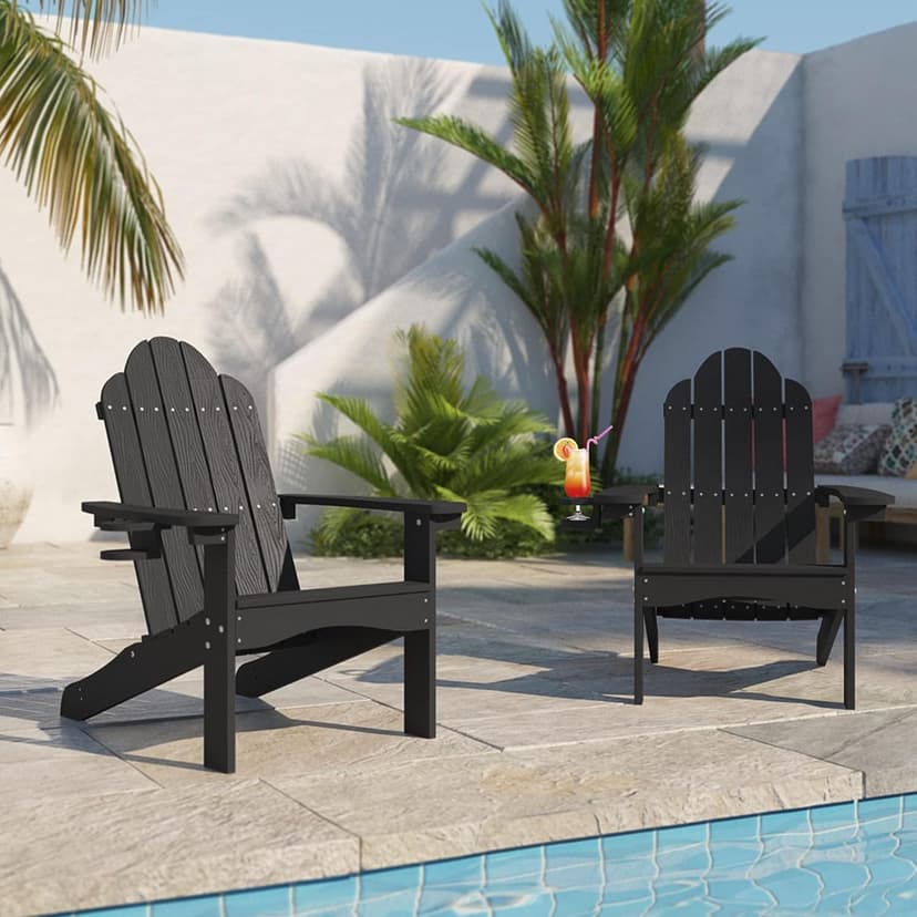 LUE BONA HDPS Adirondack Chairs Set of 4, Fire Pit Outdoor Chair Weather Resistant with Cup Holder, Modern Plastic Chair Plastic for Patio, Deck, Proch, Hotel, Resort, 350LBS, Black
