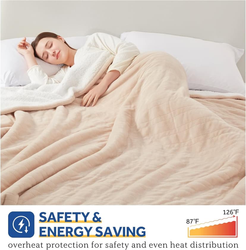 Sealy Electric Blanket Twin Size, Flannel & Sherpa Heated Blanket with 10 Heating Levels & 1-12 Hours Auto Off, Machine Washable, Beige, 62x 84 Inch