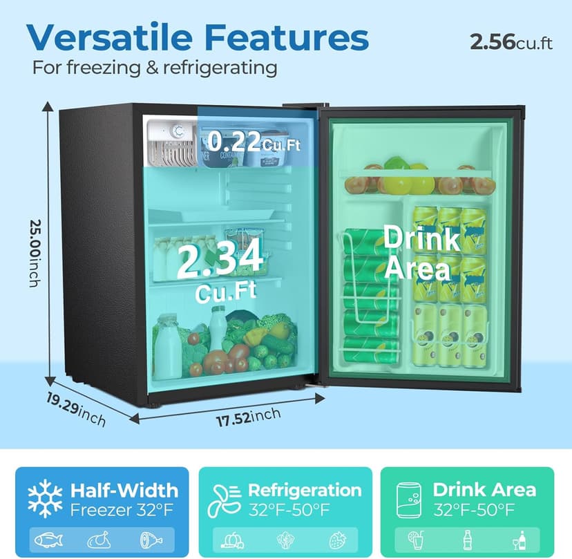 Compact Refrigerator 2.56 Cu.ft Mini Fridge with Freezer, Single Door Refrigerator with Adjustable Temperature Settings, Low noise, for Bedroom, Office, Dorm, Black