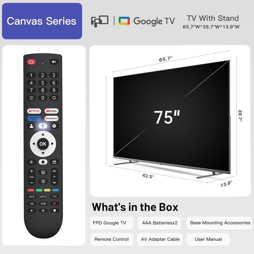FPD 75 Inch Smart TV, 4K LED Google TV with Google Play Built-in Google Cast, HDR 10, Compatible with Dolby Atmos & Vision MEMC, Voice Assistant Remote, UHD Flat Screen Television (CG75 C3-2024)