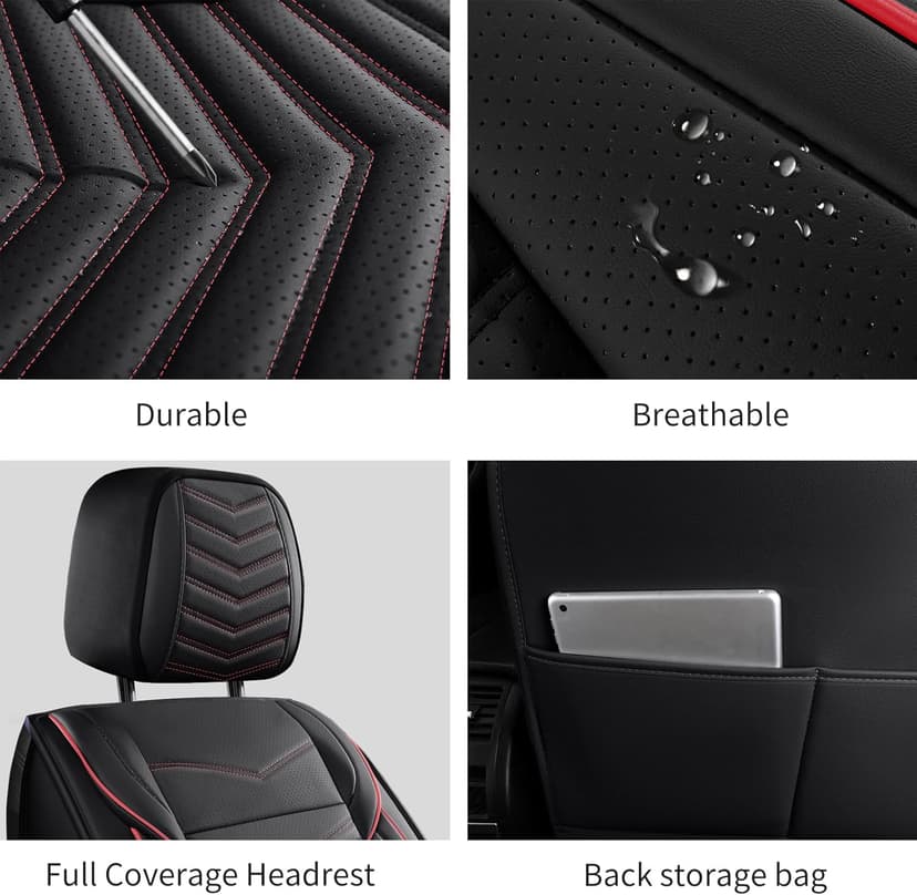 Car Seat Covers,Breathable and Waterproof Leather Seat Covers for Cars,Universal Anti-Slip Driver Seat Cover with Backrest for SUV Pick-up Truck Sedan(Style1,2 PCS Front Seat,Black+Red)