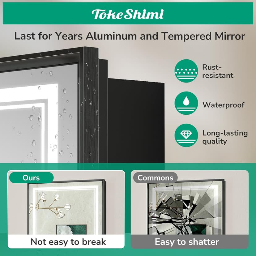 TokeShimi 24x30 Recessed Medicine Cabinet with Lights Mirror, 3-Color Stepless Dimmable LED Mirror Medicine Cabinet with Electrical Outlets and Defog, in Wall Mirror with Storage