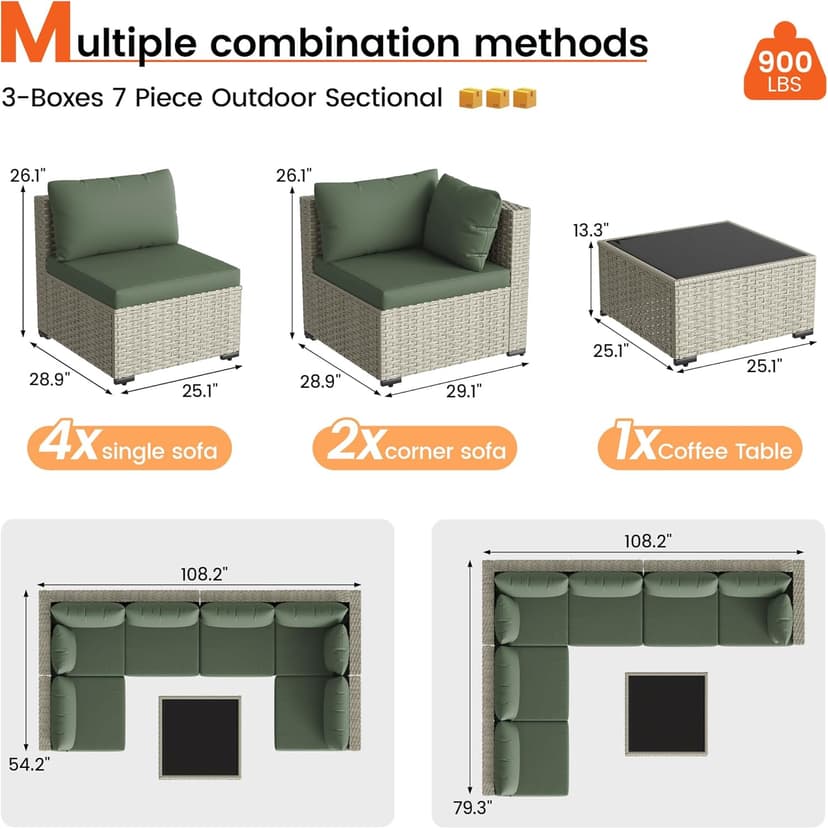 Patio Furniture Set, 7-Piece Outdoor Sectional All-Weather Wicker Patio Conversation Set for Backyard (Green Cushions with Grey Rattan)