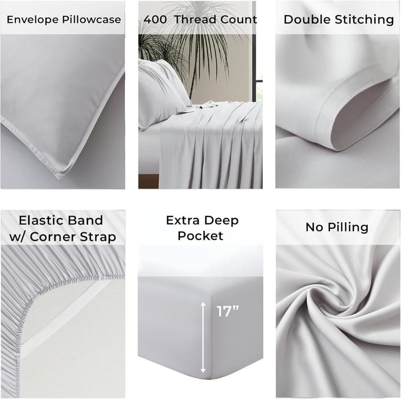 Luxury Bamboo Market | King Size Bed Sheet Set | 100% Viscose Made from Bamboo | Organically Grown | Ultra Soft | Cooling Sheets for Hot Sleepers | 17" Deep Pocket [Dove Grey (Silver Grey)]