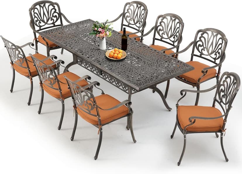 [Hi-End]Cast Aluminum Patio Furniture Set 9-Piece Outdoor Dining Set Includes 86.6’’ Rectangular Patio Table with Umbrella Hole and 8 Cushioned Dining Chairs,Rust-Free for Patio Deck Garden Pool