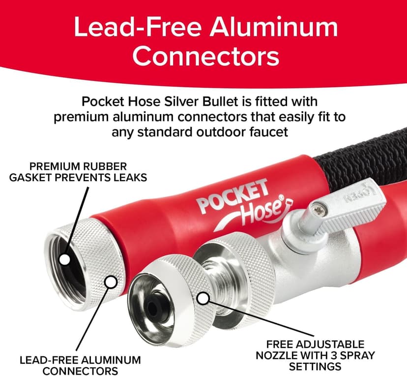 Pocket Hose Silver Bullet 2.0 Expandable Garden Hose 75-FT with Turbo Shot Nozzle, AS-SEEN-ON-TV, Lead-Free, Solid Aluminum Connectors, Easy On/Off Valve, Kink-Free, Leak-Proof