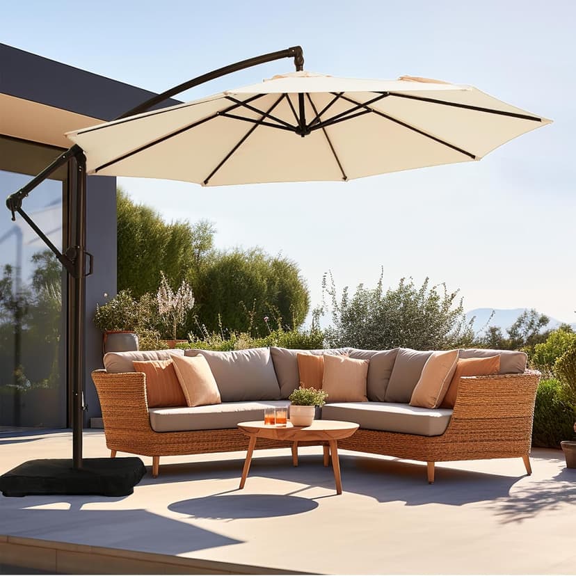 wikiwiki 10ft Patio Umbrella with Base Included, Outdoor Offset Cantilever Umbrella, Infinite Tilt, Crank and Cross Base, Beige