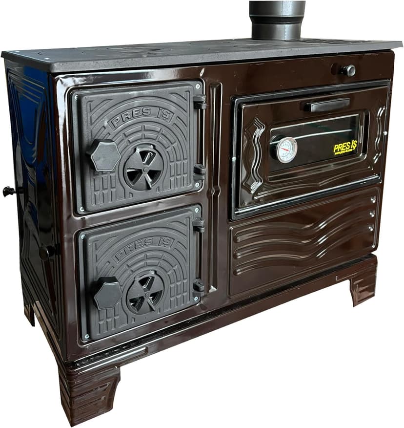 Cast Iron Decorative Oven Stove – Brick Interior, Rustic Ambiance & Light Baking Use – Vintage Style Indoor Fireplace Accessory – Made in Turkiye (Brown)