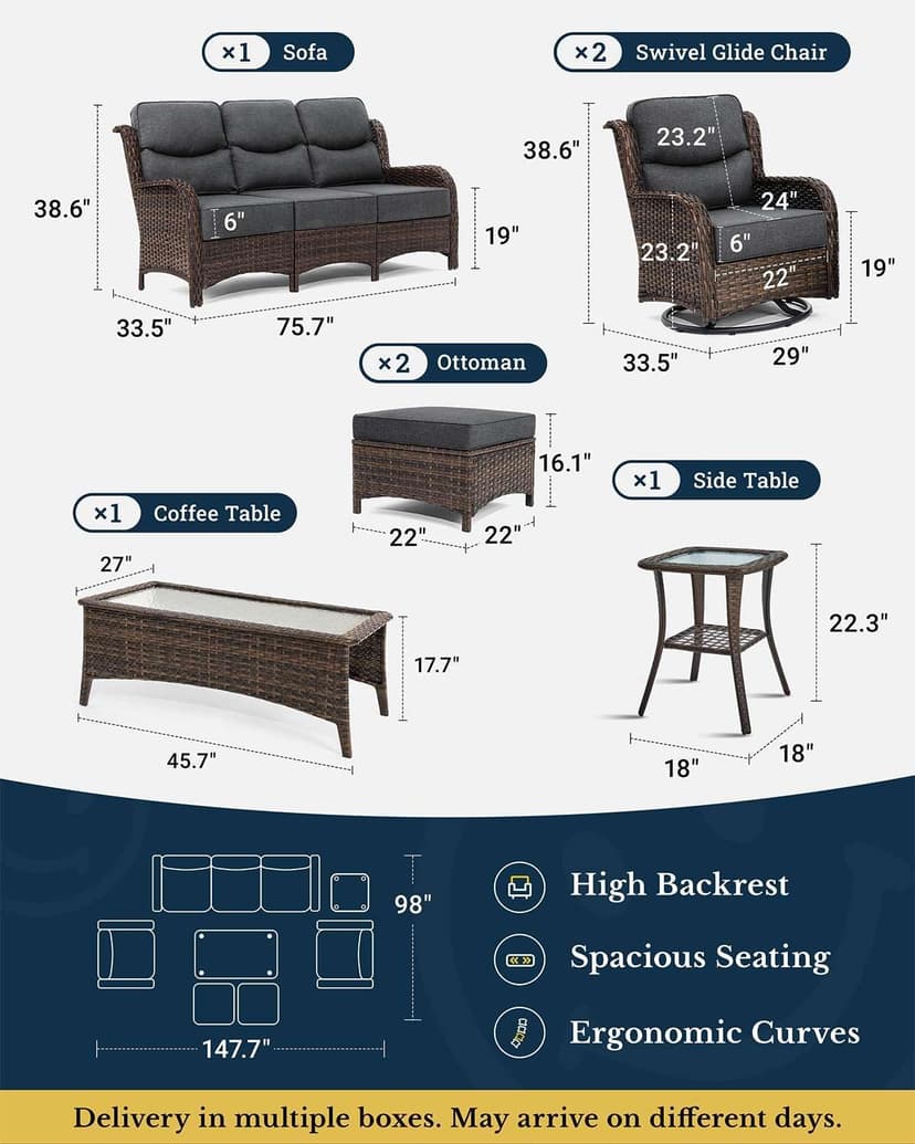 HILLGA Luxury Patio Furniture Set with 6-inch Thick Cushion, Outdoor Couch and High Back Swivel Rocker Patio Chairs, 7PCS Wicker Conversation Set for Deck Yard and Poolside, Dark Grey (V2)