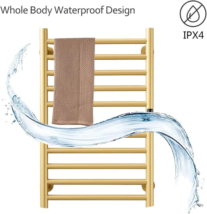 Gold Heated Towel Warmer Radiator Bathroom Accessories, Built-in Timer Temperature Control 10 Bars Electric Heated Towel Racks for Bathroom, Stainless Steel Towel Warmer Drying Rack, (Hardwired)