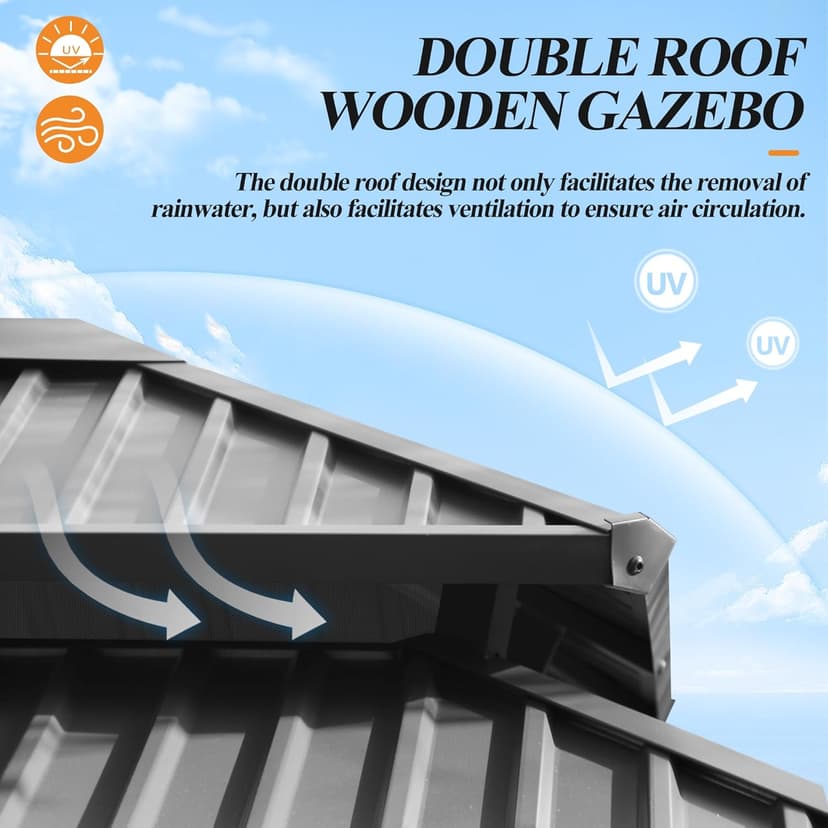 10' x 12' Outdoor Wooden Gazebo - Patio Hardtop Gazebo Permanent Wooden Pavilion with Galvanized Steel Double Roof, Wood Gazebos for Garden, Lawn, Poolside, Backyard Deck