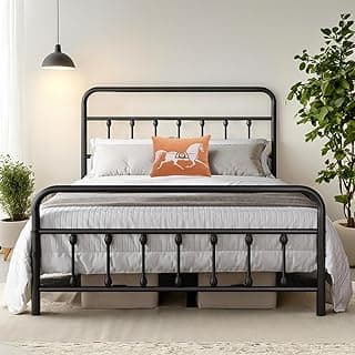 Queen Bed Frame-Classic Metal Platform Bed Frame Mattress Foundation with Victorian Style Iron-Art Headboard/Footboard/Under Bed Storage/No Box Spring Needed/Black