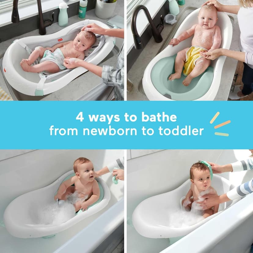 Fisher-Price Baby to Toddler Bath 4-in-1 Sling ‘n Seat Tub with Removable Infant Support and 2 Toys, Climbing Leaves