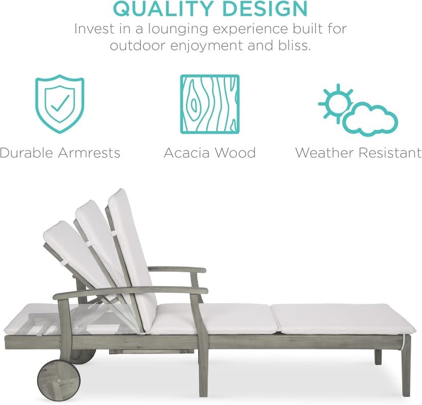 Best Choice Products 79x26in Acacia Wood Chaise Lounge Chair Recliner, Outdoor Furniture for Patio, Poolside w/Slide-Out Side Table, Foam-Padded Cushion, Adjustable Backrest, Wheels - Gray/Cream