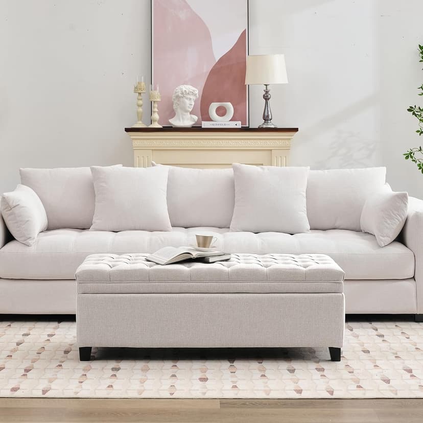 50 Inch Fabric Storage Ottoman, End of Bed Bench with Large Storage, Modern Upholstered Tufted Bench with Wood Legs, Beige
