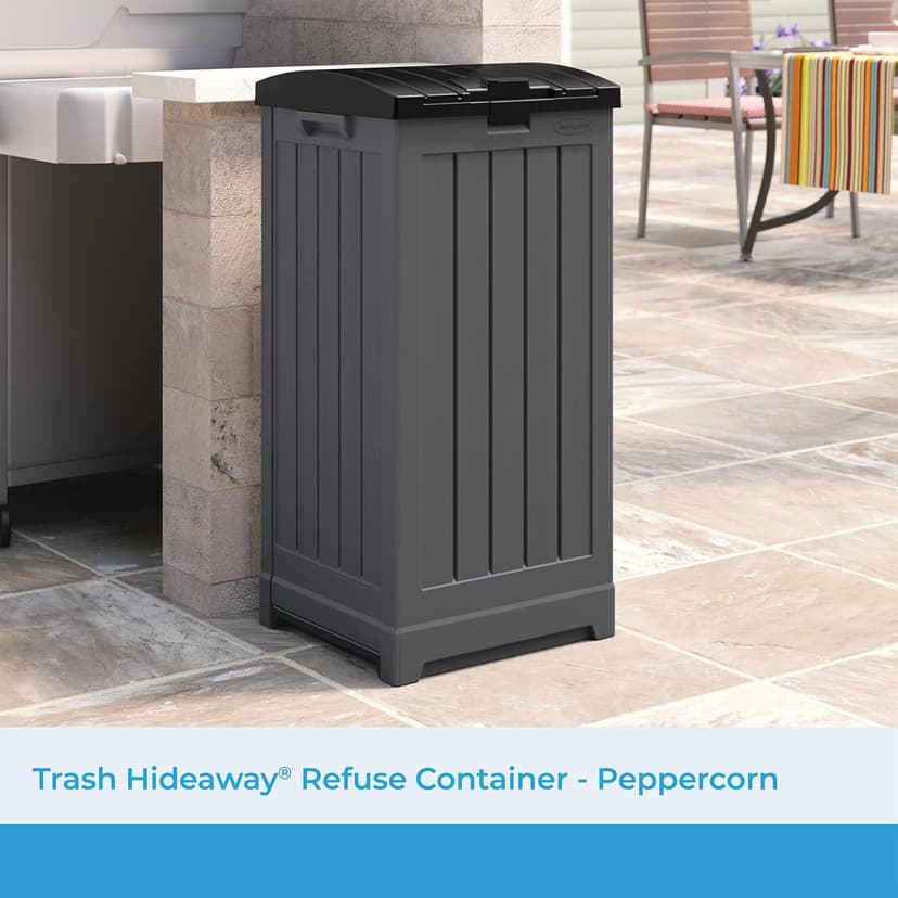 Suncast Trash Hideaway 39 Gallon Outdoor Trash Can Patio or Deck Waste Bin with Latching Lid, Liquid Tray, Handles, and Trash Bag Holder, Peppercorn