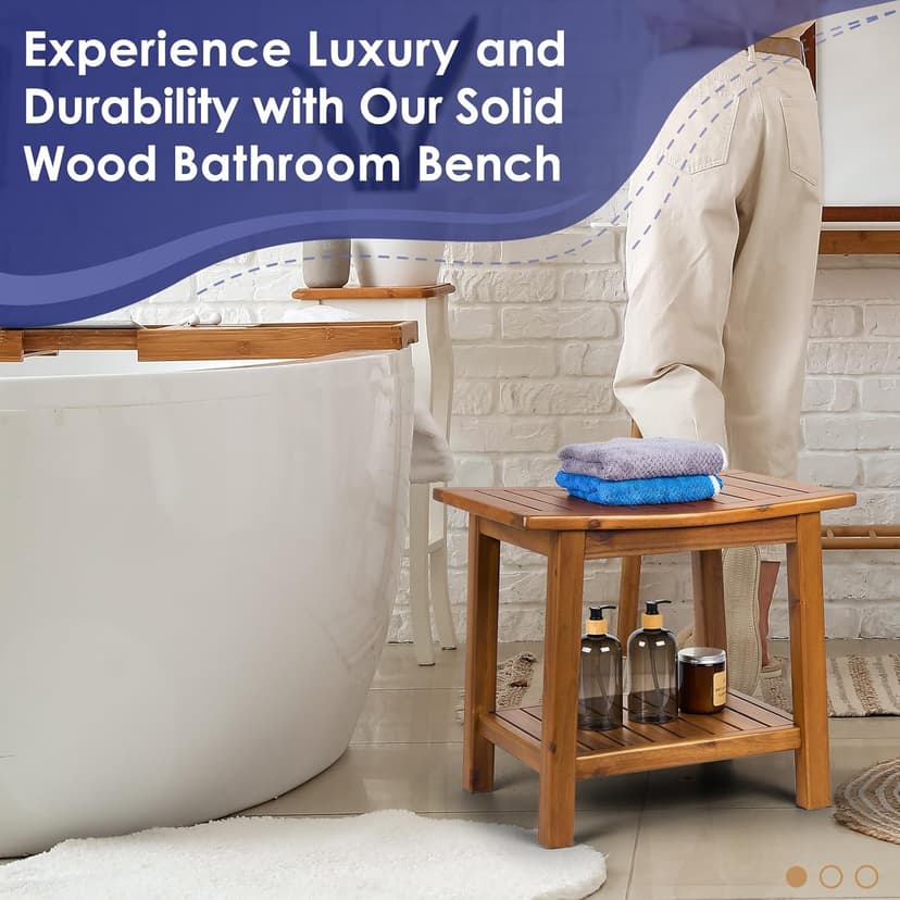 Teak Shower Bench, 20" Solid Wood Shower Stool Waterproof Shower Seat with Storage Shelf for Bathroom, Indoor & Outdoor Use