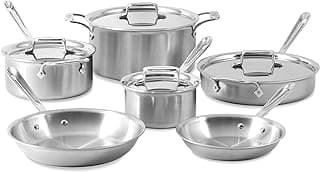 All-Clad D5 Brushed 5 Ply Stainless Steel Cookware Set 10 Piece w/ Frying Pans, Pots and Pans Set, Induction, Oven Broiler Safe 600F, Silver
